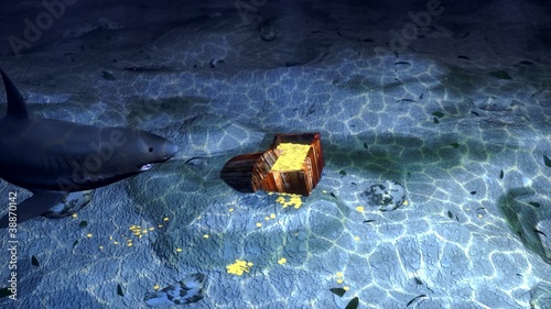 white shark protects a treasury  on the seabed