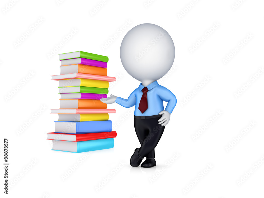 3d small person and colorful books. 3d small person and colorful books.