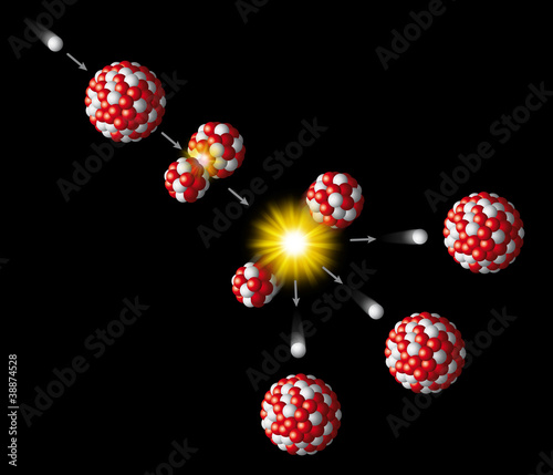 Nuclear fission of Uranium. Radioactive decay process. Uranium atom nucleus splits into smaller isotopes krypton and barium, producing free neutrons, gamma rays and energy. Illustration over black. photo