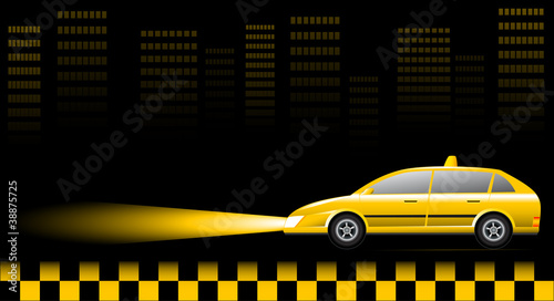 Visiting card with taxi car on urban landscape