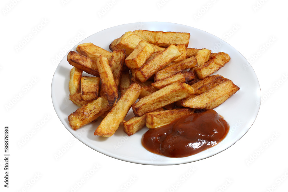 Plate of fried French fries with bright red sauce Plate of fried French fries with bright red sauce