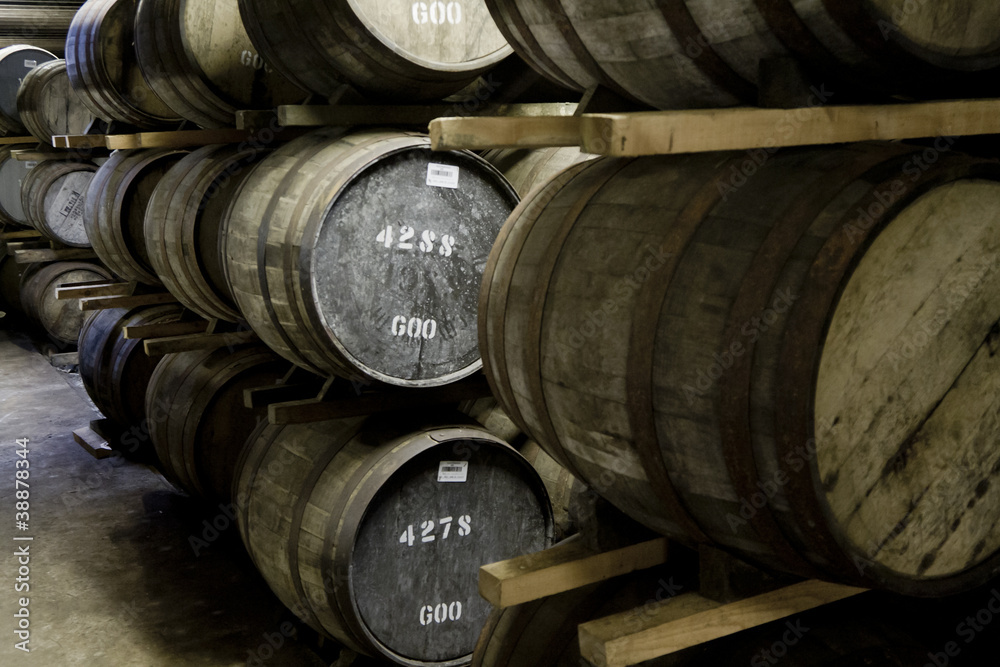 Whisky barrels in a distillery