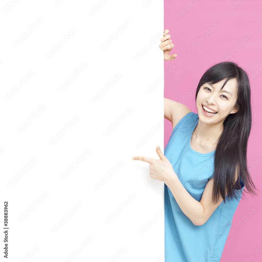 メッセージボードを指差す女性 メッセージボードを指差す女性