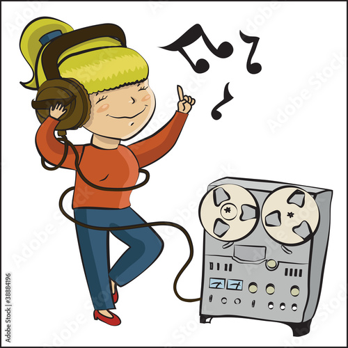 cartoon girl listen music and dansing