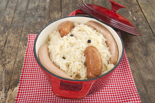 sauerkraut in red stew pot photo