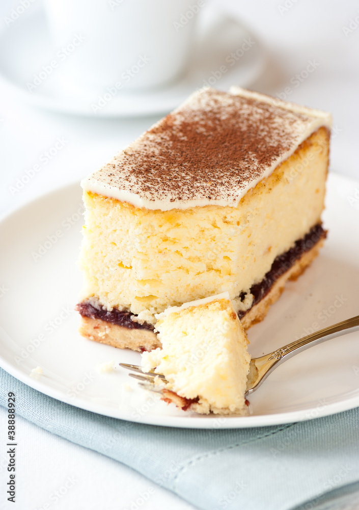Piece of cheesecake with white chocolate and cocoa Piece of cheesecake with white chocolate and cocoa