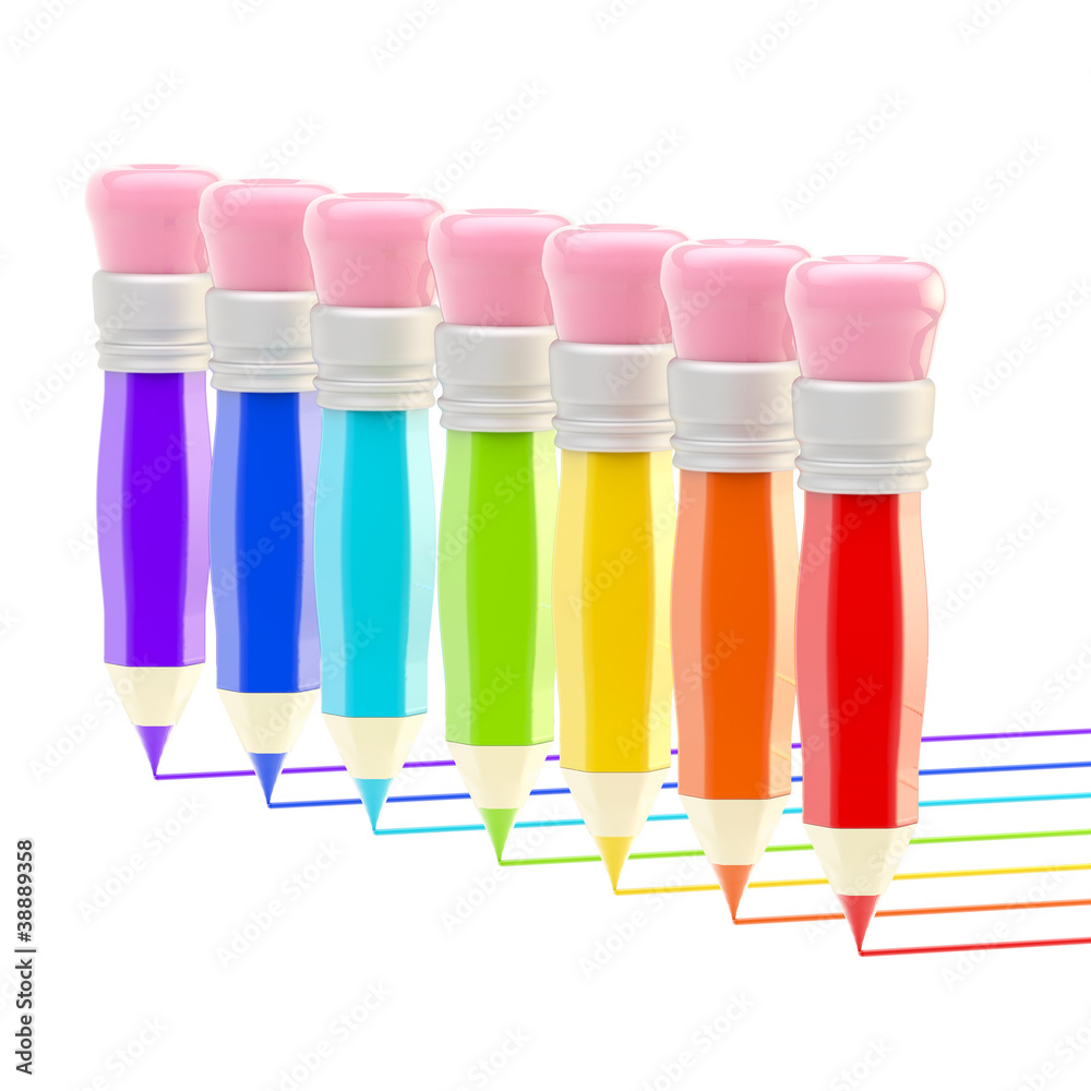 Set of seven glossy rainbow pencils isolated Set of seven glossy rainbow pencils isolated