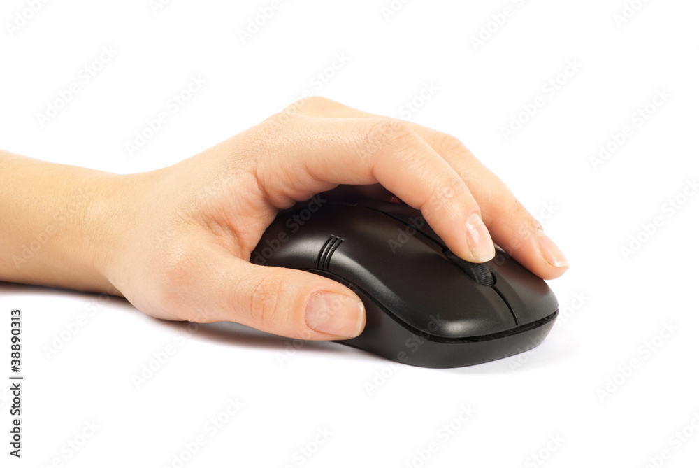 computer mouse with hand over white computer mouse with hand over white