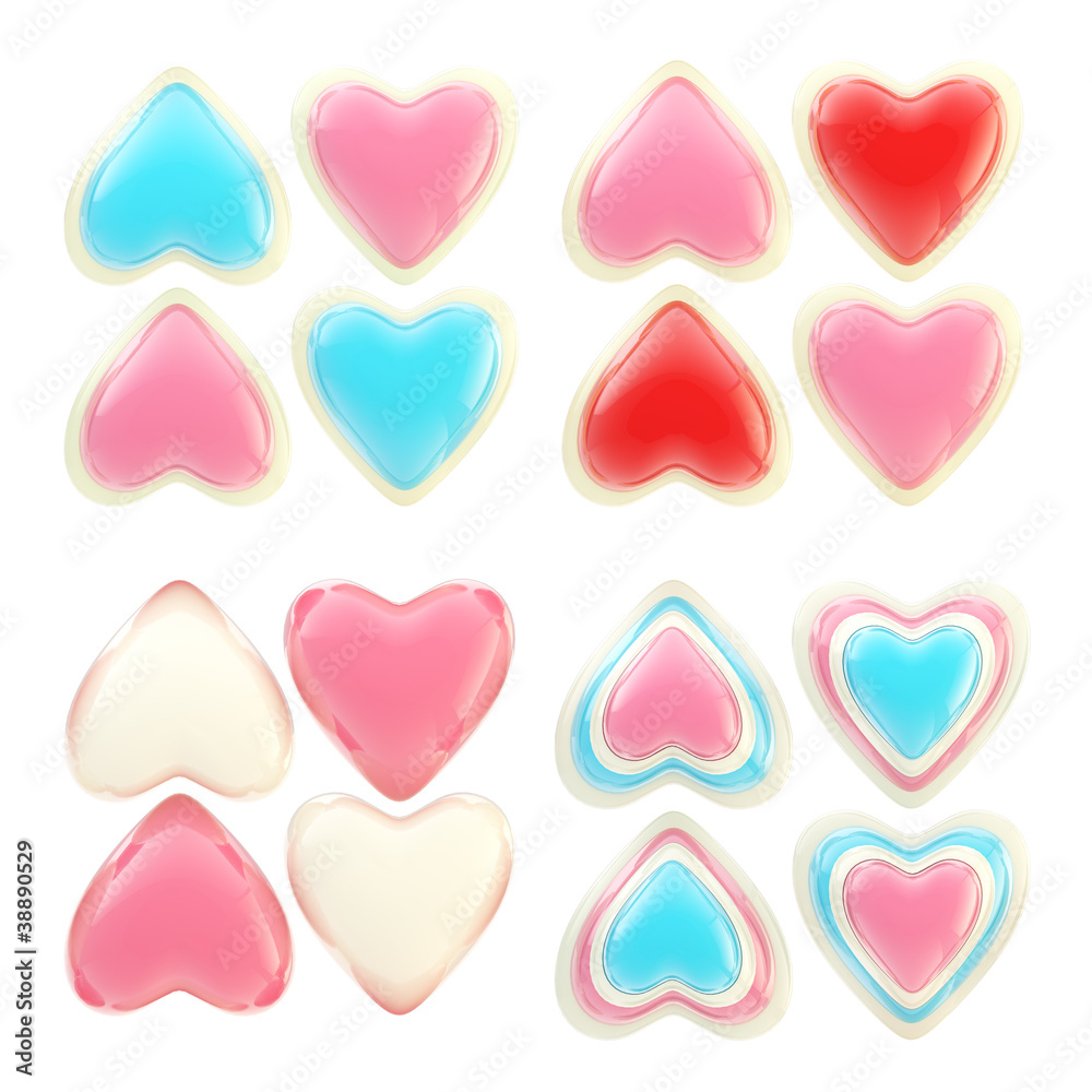 Set of colorful glossy plastic hearts isolated