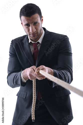 business man with rope isolated on white background