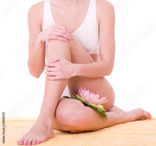 woman body in white underwear with pink lily