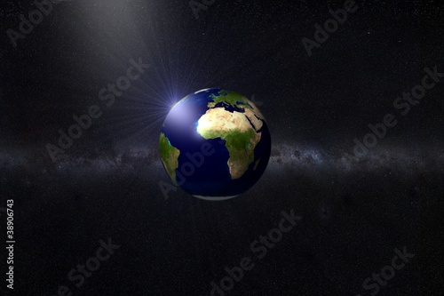 Planet Erde mit Milchstra  e und Sonne