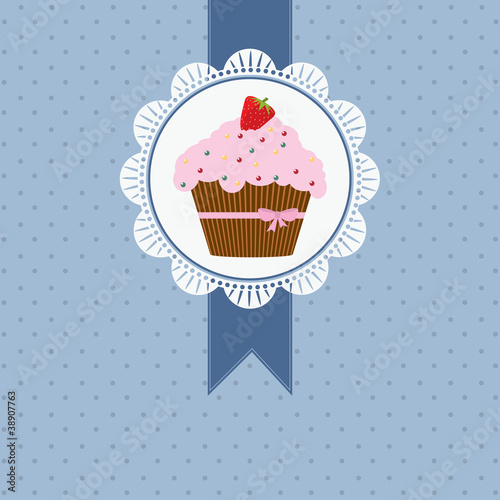 birthday card with strawberry cake and pink ribbon and bow