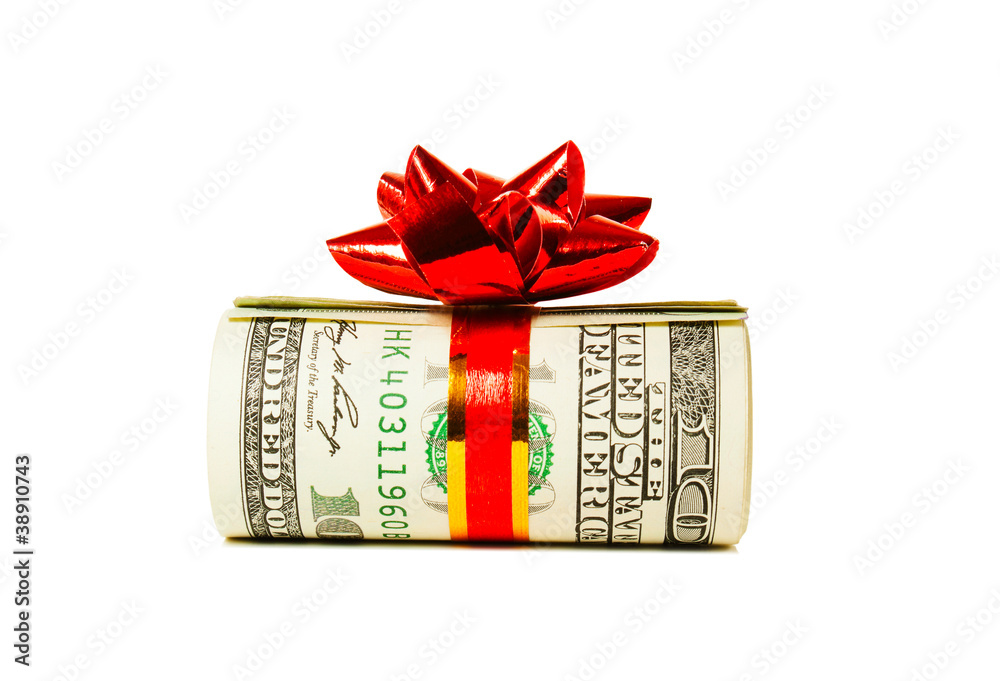A wad of US one hundred dollar bills tied up with red ribbon