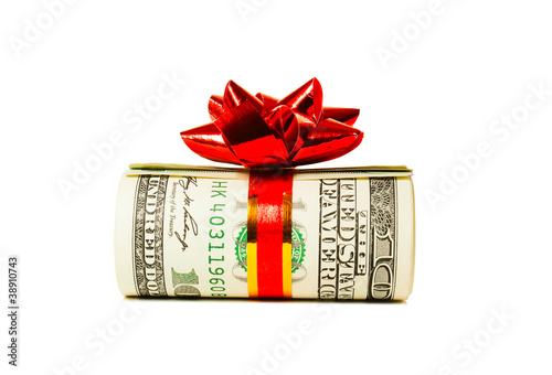 Obraz na płótnie A wad of US one hundred dollar bills tied up with red ribbon w salonie