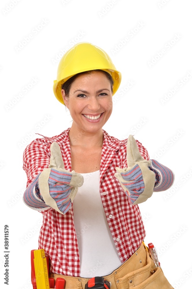 Handwerkerin mit Handschuh hält zwei Daumen hoch Handwerkerin mit Handschuh hält zwei Daumen hoch