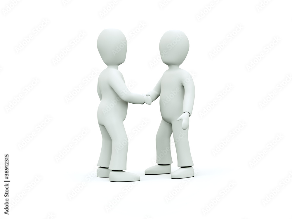 Two 3D characters in ties shake hands on a white background Two 3D characters in ties shake hands on a white background
