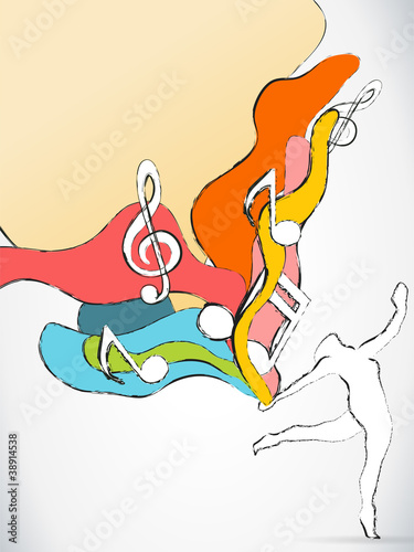 Dancer Silhouette with Colorful Waves and Music Notes