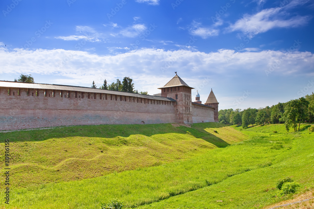 Great Novgorod.The Kremlin wall with Zlatoustovskya towers...