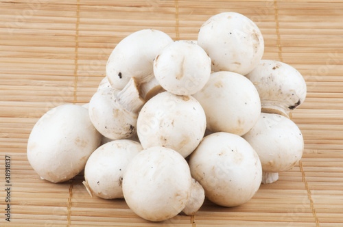White Champignon Mushroom isolated on wooden background