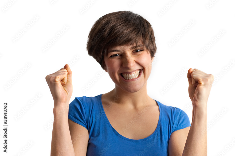 happy smiling young woman joy raised fist blue t-shirt happy smiling young woman joy raised fist blue t-shirt