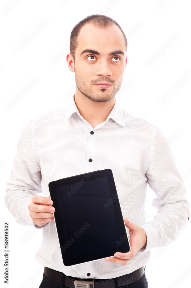 Man showing tablet computer screen and thinking Man showing tablet computer screen and thinking