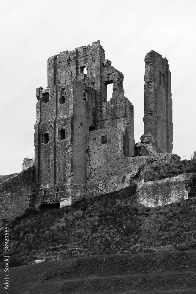Black and White Dramatic Corfe Castle Ruin