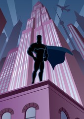 Stickers Superhelden Superheld zweeft boven de stad  © Malchev