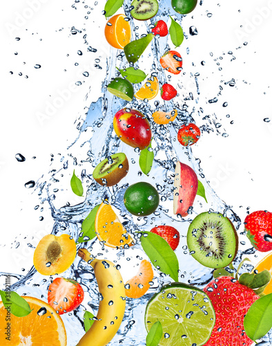 Fototapeta Naklejka Na Ścianę i Meble -  Fruits falling in water splash, isolated on white background