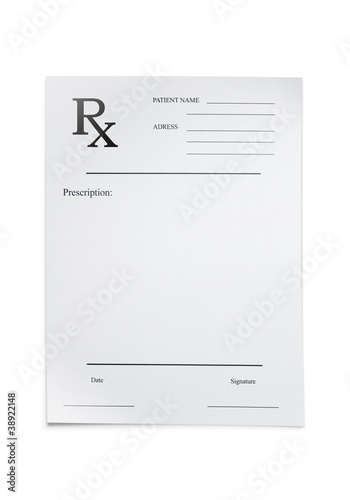 Blank prescription over white background photo