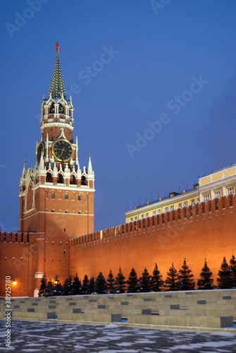 Spasskaya tower on Red Square in Moscow Russia winter night view
