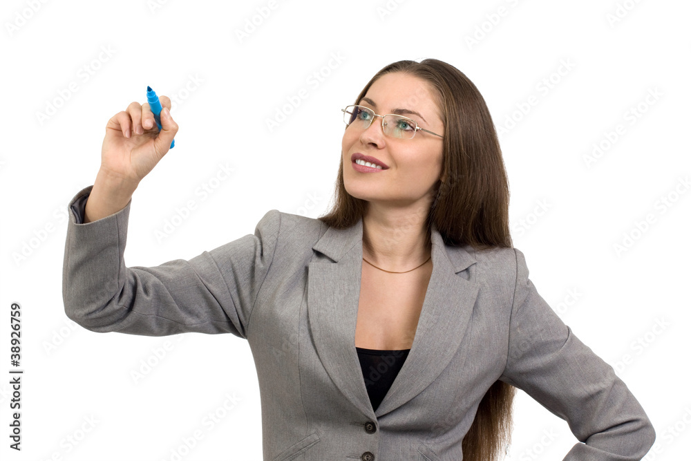 Beautiful young smiling business woman with marker Beautiful young smiling business woman with marker