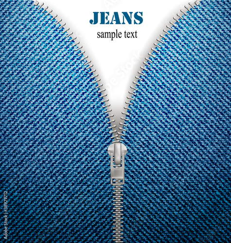 Closeup of zipper in blue jeans background. Vector.