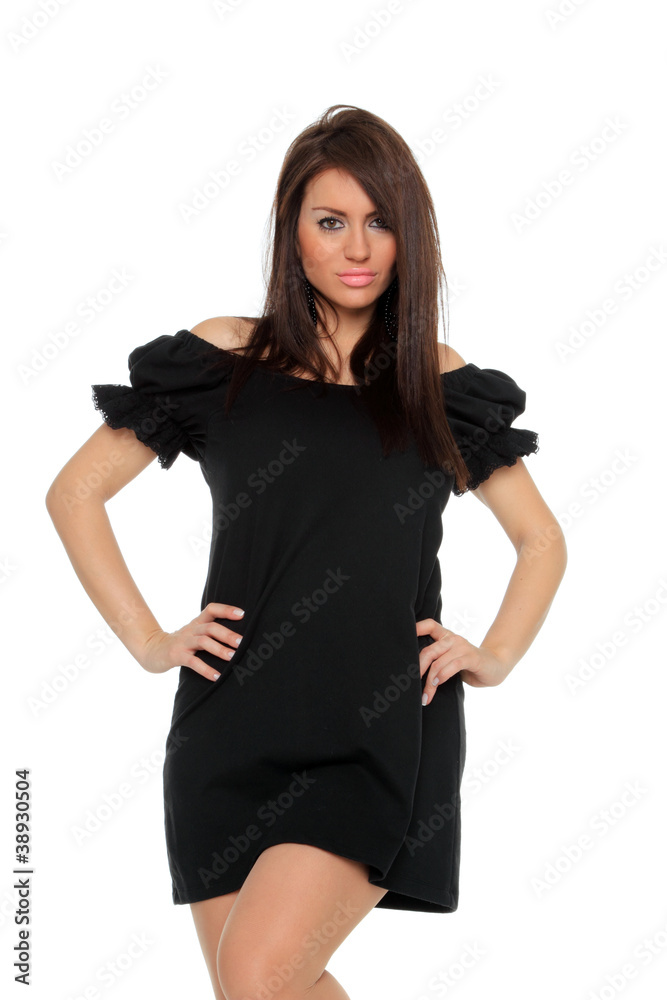 Pretty sexy girl full length posing in a nice black dress