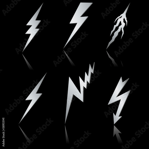 Silver Lightning symbol set on black with reflection.