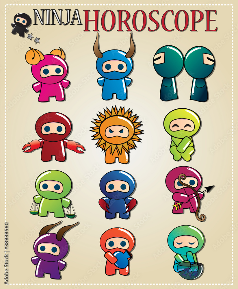 Zodiac signs with cute ninja characters in different colors Stock