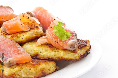 fried potato pancakes with salted salmon