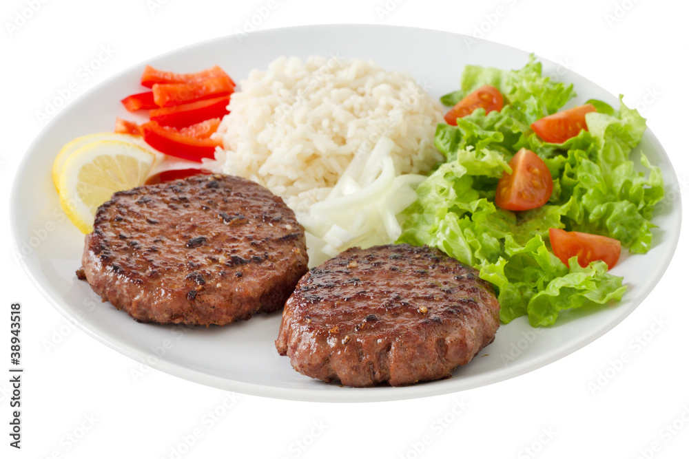 grilled hamburger with rice and salad grilled hamburger with rice and salad
