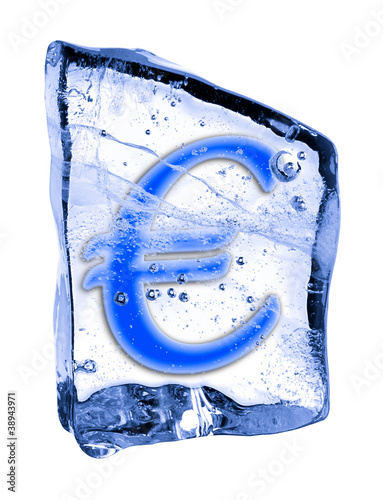 Sign EURO pound sterling frozen in the ice on a white background