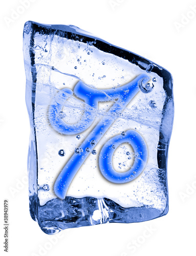 Sign % frozen in the ice on a white background