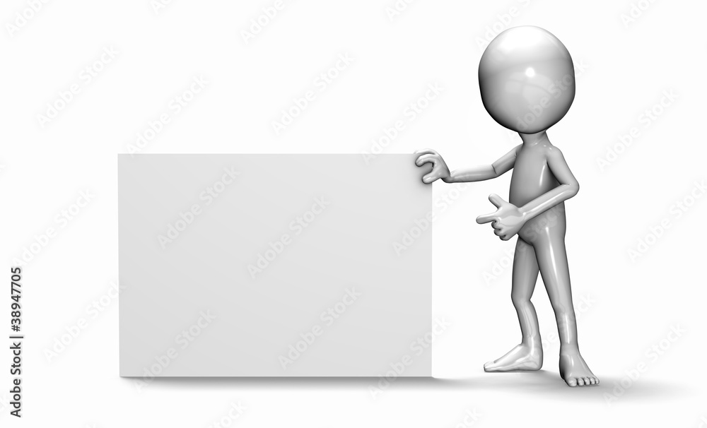 The 3d guy pointing at white blank card The 3d guy pointing at white blank card