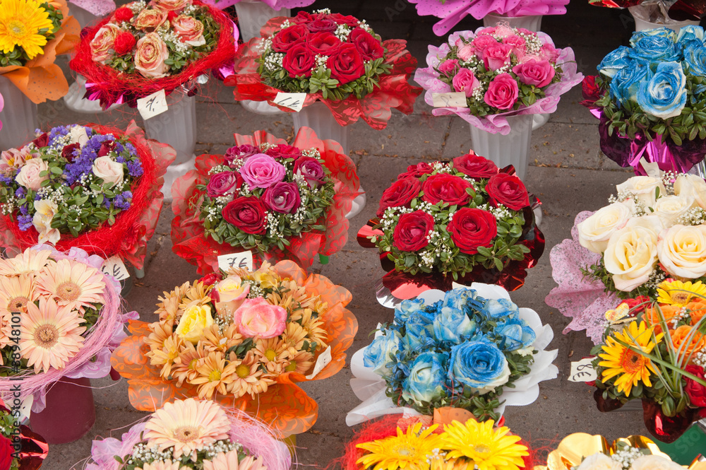 variety of bouquets of flowers, close-up