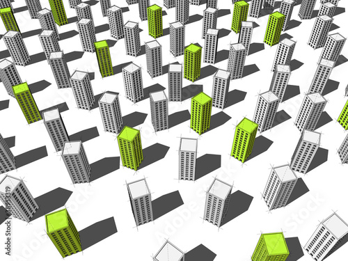 Green and grey buildings