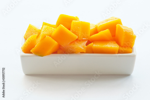 Mango Cubes on a white dish