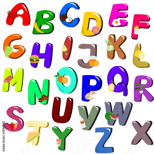 Alphabet with fruit, vegetable, food and drinks