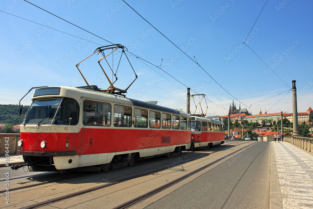 Tram on the bridge. Prague, Czech Republic.