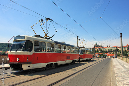 Tram on the bridge. Prague, Czech Republic.