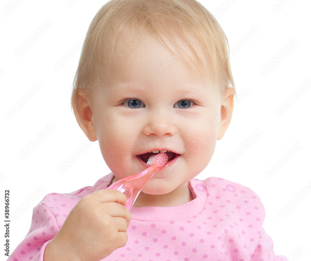baby cleaning teeth and smiling, isolated on white background baby cleaning teeth and smiling, isolated on white background