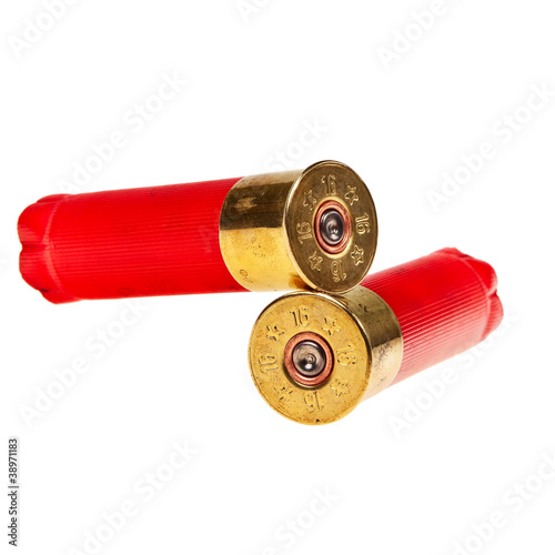 Red shotgun shells isolated over white background.