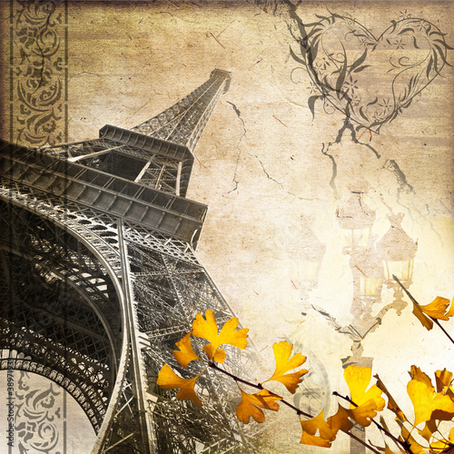 Collage carré tour Eiffel romantique rétro
